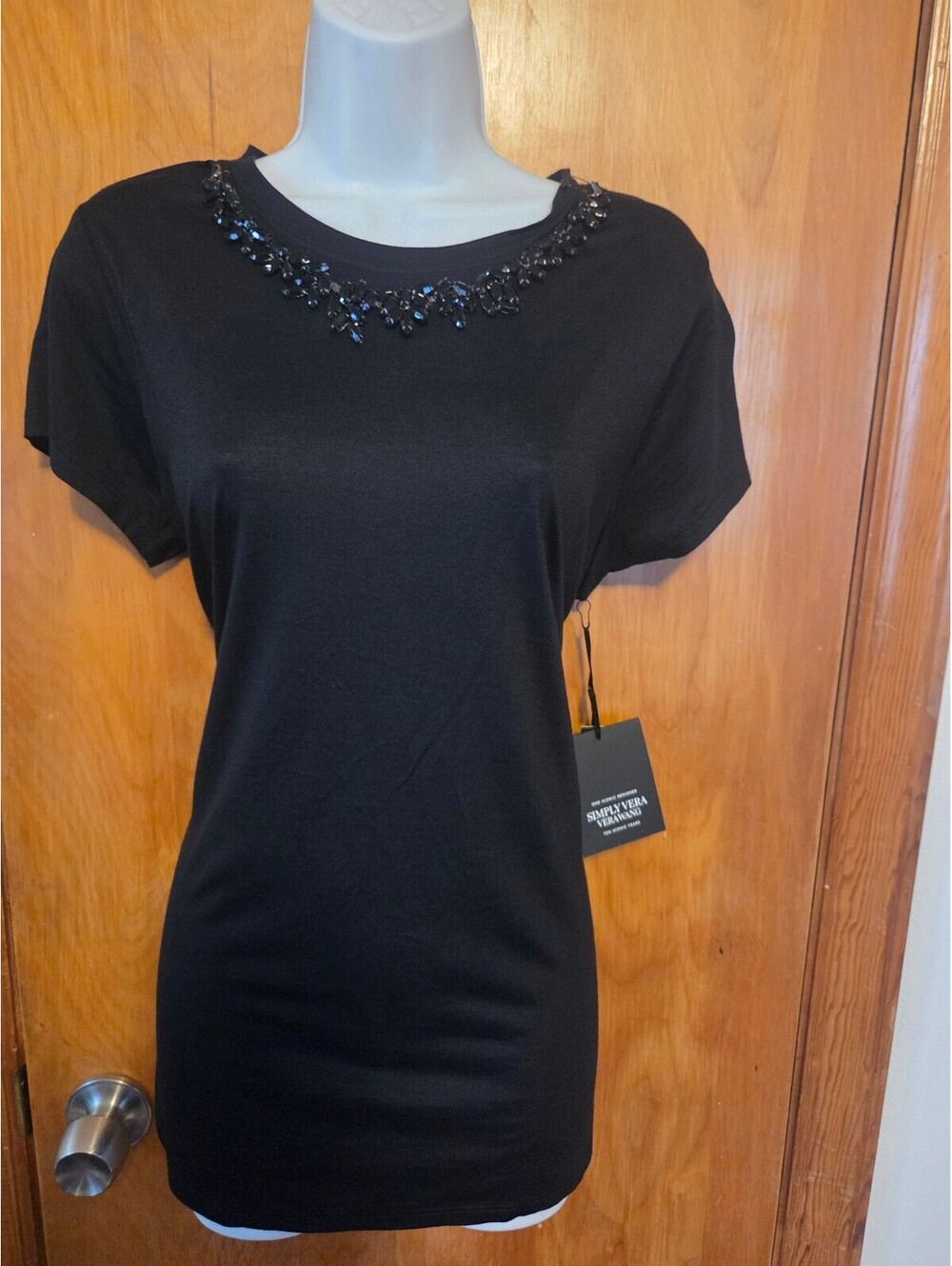 Simply Vera Vera Wang Black Short Sleeve Top with Removable Jewelry Trim L NWT